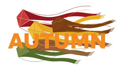 Obraz premium Autumn Kites Soaring: A vibrant illustration depicts four colorful kites - red, yellow, brown, and green - soaring in the wind with long, flowing tails.