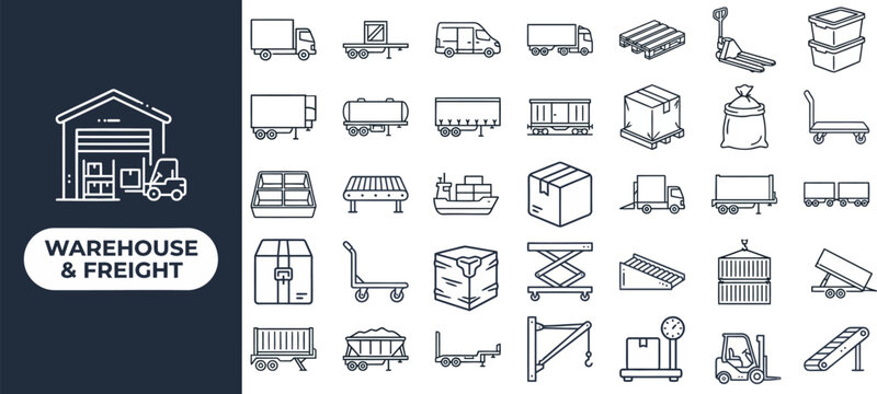 Freight Shipping and Cargo outline icon set. Featuring cargo ship, container, crane, truck, and parcel symbols. Editable stroke vector icons for freight logistics app and cargo shipping platform.