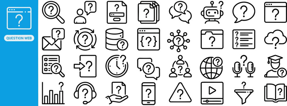 Web Search and Help outline icon set. Featuring magnifier, question mark, help desk, cloud, and chart symbols. Editable stroke vector icons for online help center and search interface app.