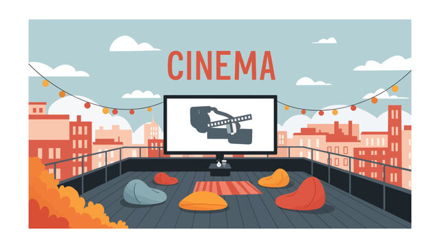 Rooftop Cinema Serenity: An inviting outdoor cinema setup on a rooftop, complete with a large screen displaying a film, comfortable beanbag chairs.