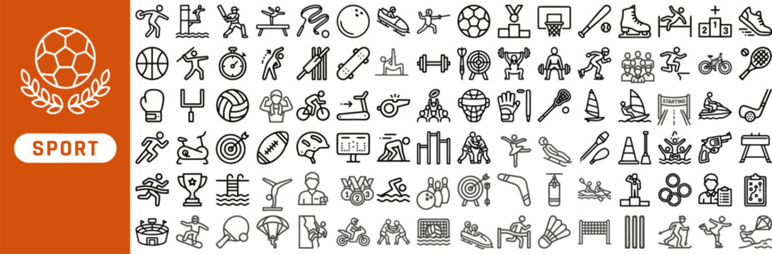 Sport and Athletic Activity outline icon set. Featuring trophy, ball, medal, runner, and whistle symbols. Editable stroke vector icons for sports club website and fitness tracking app.