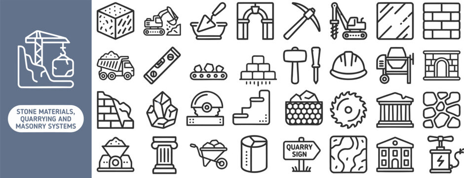 Bricklaying and Masonry Work outline icon set. Featuring brick, trowel, mortar, wall, and level symbols. Editable stroke vector icons for bricklayer service site and masonry supply shop.