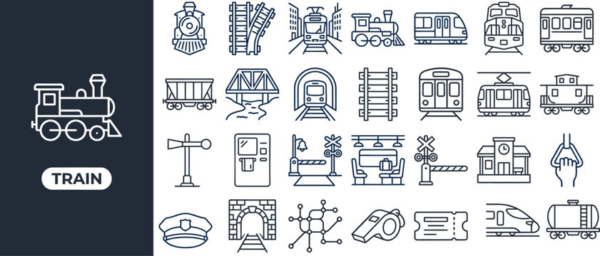 Train and Railway Transport outline icon set. Featuring locomotive, rail track, station, wagon, and signal symbols. Editable stroke vector icons for railway booking app and public transit website.