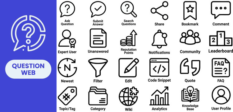 FAQ and Support Interface outline icon set. Featuring question, checklist, chat, bookmark, and comment symbols. Editable stroke vector icons for customer support dashboard and FAQ knowledge base.