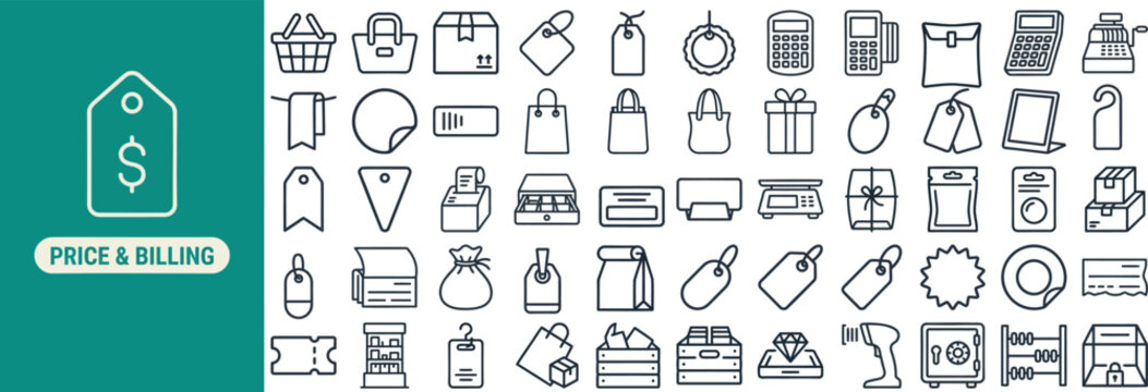 Billing and Invoice outline icon set. Featuring invoice, receipt, credit card, calculator, and wallet symbols. Editable stroke vector icons for billing dashboard and invoice management app.