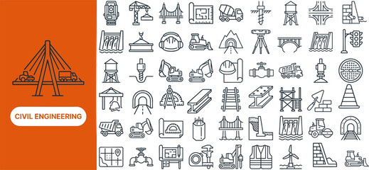 Construction and Civil Engineering outline icon set. Featuring bridge, crane, excavator, blueprint, and surveyor symbols. Editable stroke vector icons for contractor site and building app. © Pixel_Forge
