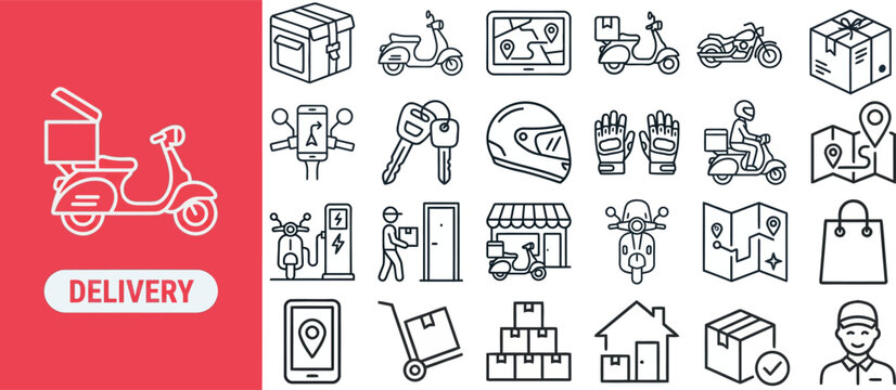 Delivery and Courier Service outline icon set. Featuring scooter, package, map pin, truck, and parcel symbols. Editable stroke vector icons for food delivery app and courier tracking website.