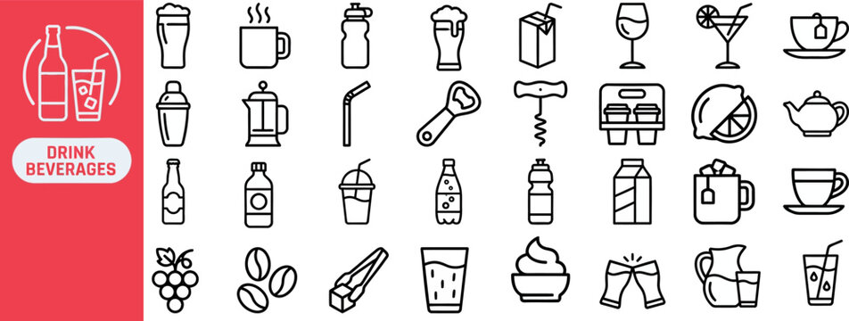 Drink and Beverage Bar outline icon set. Featuring cocktail, beer mug, wine glass, soda cup, and juice symbols. Editable stroke vector icons for bar menu website and beverage delivery app.