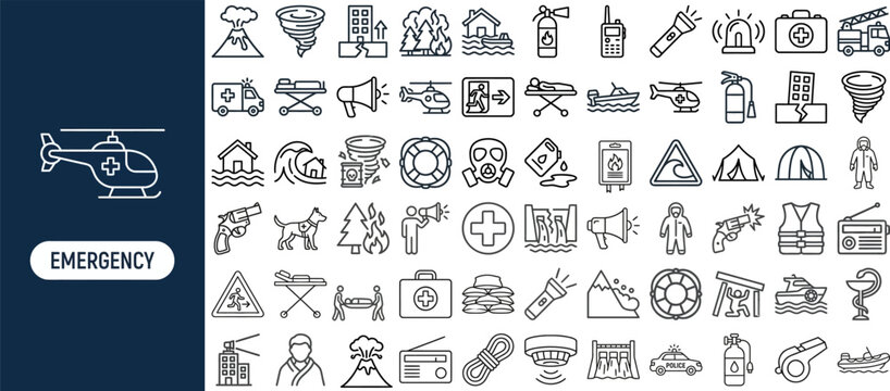 Emergency and Rescue Service outline icon set. Featuring helicopter, ambulance, alarm, first aid, and siren symbols. Editable stroke vector icons for emergency response app and rescue service.