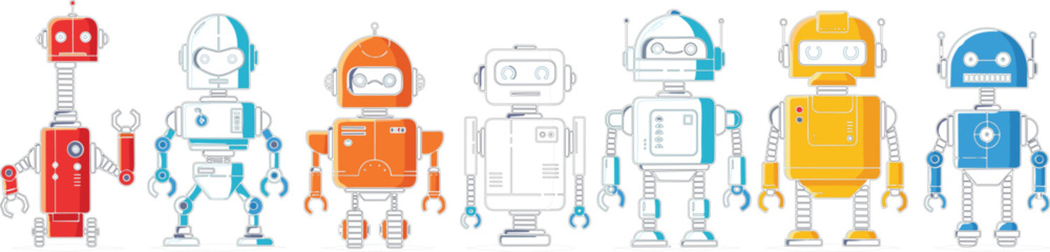 Set of cute cartoon robots flat vector illustration collection isolated on white background for technology and future design conceptsPrint