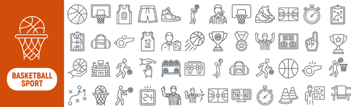 Basketball Training and Court outline icon set. Featuring court, scoreboard, whistle, cone, and clipboard symbols. Editable stroke vector icons for basketball coaching app and training program site.