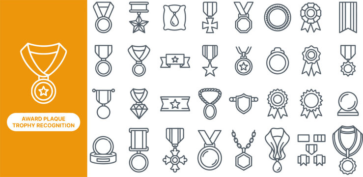 Medal and Honor Recognition outline icon set. Featuring gold medal, crown, laurel, badge, and certificate symbols. Editable stroke vector icons for sports honor website and achievement tracking app.
