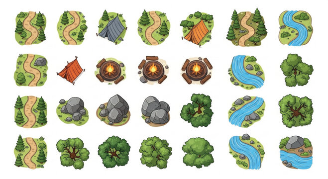 Isometric camping map icons, 28 outdoor adventure elements vector set, forest landscape assets with tents, rivers, paths, and campfires for game design