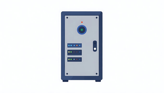 Pixel art retro computer server, vintage mainframe unit with glowing indicator lights, digital data storage, technology concept