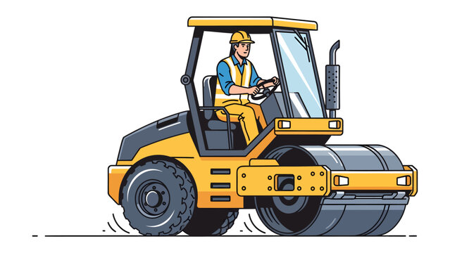Road roller driver in construction site: A construction worker in a yellow hard hat and safety vest operates a yellow road roller, compacting the ground for a new road.