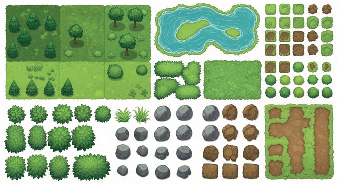 Top-down game environment tileset, cartoon nature map elements with grass and trees, 2D game assets for level design, vector landscape kit