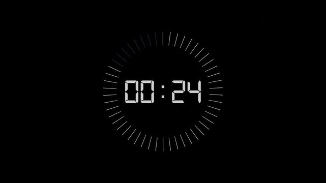Countdown timer with white seven segment display and surrounding radial starburst tick marks on dark background