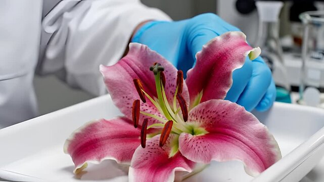 Scientist examines pink lily flower in laboratory setting with blue gloves.
