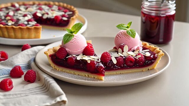 Delicious raspberry pie with a scoop of ice cream on a plate on the kitchen table