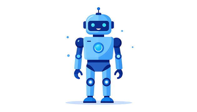 Pixel art robot character standing, friendly AI bot with glowing blue eyes and antenna, perfect for technology concepts, futuristic design, and digital assistance.