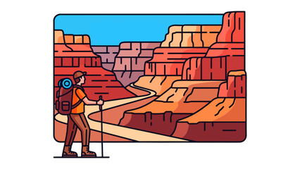 Hiker in the Grand Canyon: A lone hiker, equipped with a backpack and trekking poles, stands on a path overlooking the majestic, layered rock formations of the Grand Canyon, under a clear blue sky. © Hussain