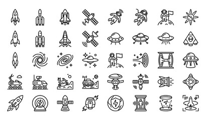 Spaceship line icon collection with rocket and space exploration vector symbols © Md