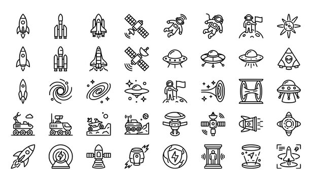 Spaceship line icon collection with rocket and space exploration vector symbols