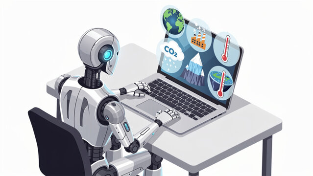 robot analyzing climate data on laptop with environmental charts and icons
