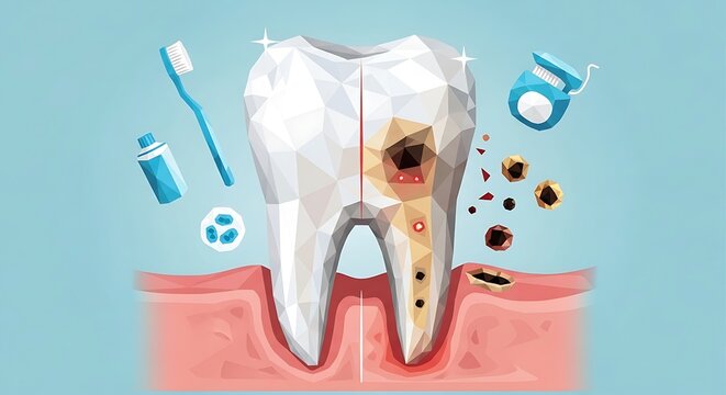 Human tooth comparison showing dental decay and oral hygiene