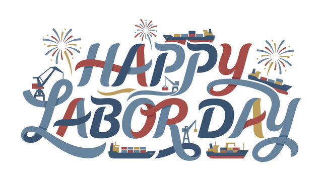 Happy Labor Day Graphic with Ships and Fireworks