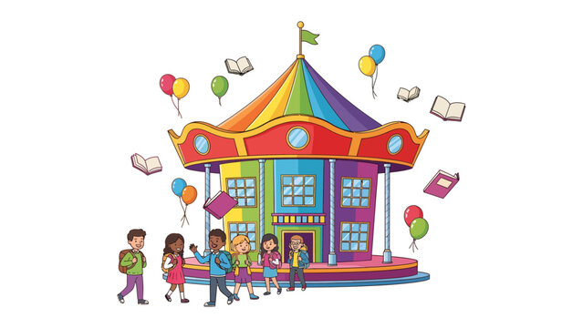 Colorful Carousel of Learning: A vibrant carousel adorned with rainbow colors, balloons, and flying books, awaits eager children, symbolizing a joyful gateway to education and fun.