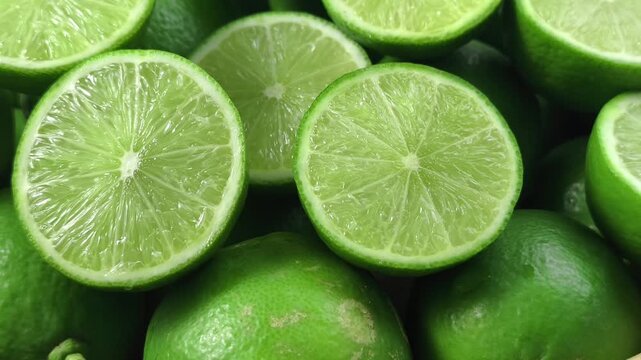A pile of whole limes with multiple cut halves