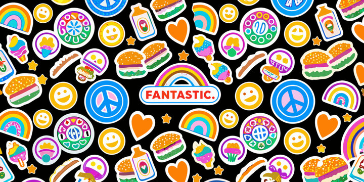 Colorful sticker collection with rainbows burgers and peace signs vector illustration