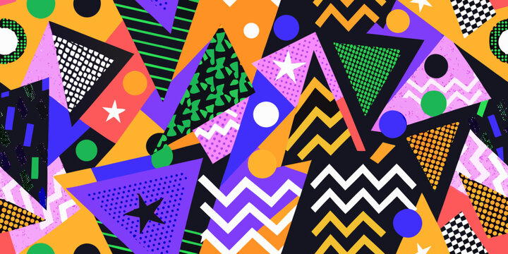 Geometric pattern with triangles circles and stars in vibrant colors