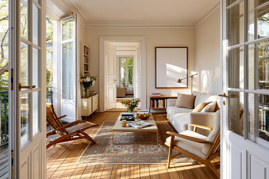 Elegantes Interior Mockup mit leerem Bilderrahmen in hellem Wohnzimmer. Moderne Wohn&auml;sthetik mit nat&uuml;rlichem Licht, stilvollen M&ouml;beln und realistischer Raumwirkung.