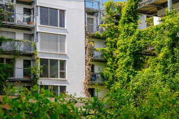Fototapeta premium Green plants cover modern buildings in an urban neighborhood during the day, showcasing nature blending with architecture