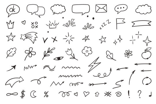 and drawn doodle elements set. Arrows, speech bubbles, stars and decorative symbols collection