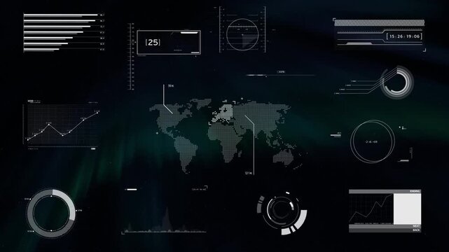 Futuristic HUD User Interface Infographic Elements with World Map and Aurora Background Loop