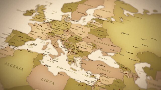 Smooth cinematic camera movement across a vintage political map of Eastern and Central Europe with detailed country borders, capitals, cities and antique atlas styling.