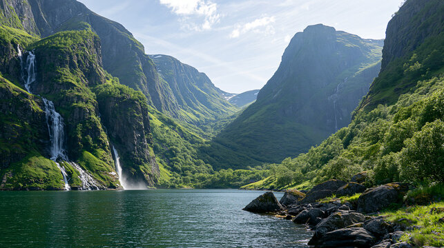 ノルウェーのフィヨルドに流れる絶景の滝と雄大な山々