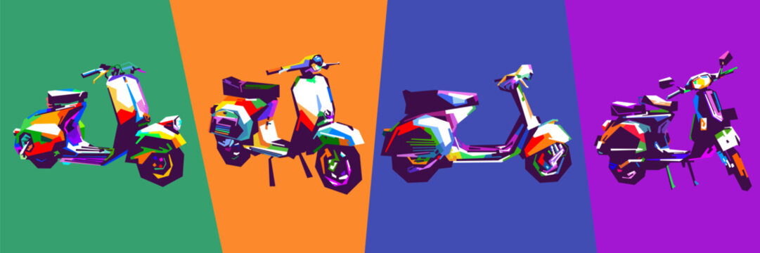Collection of vibrant vector illustrations of classic vintage scooters in WPAP pop art style, featuring colorful geometric shapes on a solid background set.