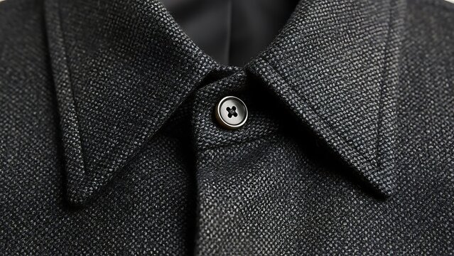 "Close-up of a black textured wool coat collar with a shiny silver button fastened, detailed fabric texture, elegant and minimalist fashion photography"