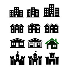 Obraz premium Assorted vector icons of building typeshouses, row homes, apartments, skyscrapers and castlesclean silhouettes representing residential, commercial and historic real estate options