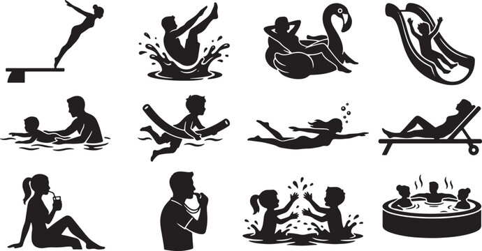 Collection of people enjoying summer water activities, pool, beach, and relaxation isolated on white background, Vector