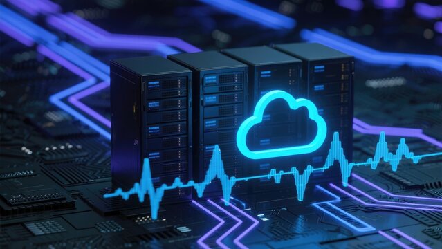 Advanced 3D cloud server storage system with glowing digital waveform signals and futuristic neon infrastructure, idea for cloud computing and AI data technology solutions