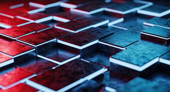 Abstract red and blue geometric pattern of cubes illuminated with soft light