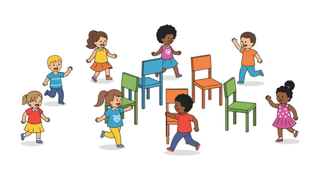 Musical Chairs Fun: A group of diverse children happily plays musical chairs around colorful chairs, capturing the energetic spirit of childhood games and playful competition.