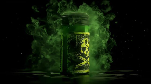 Green Poison Toxic Substance in a Jar with Skull Label and Smoke Fumes Against Black Background Cinematic Concept of Biohazard Danger