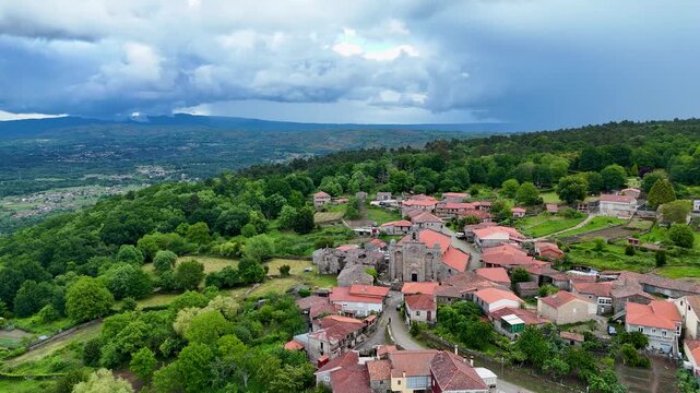 Aerial orbiting view of the medieval church of Santa Marina de Augas Santas