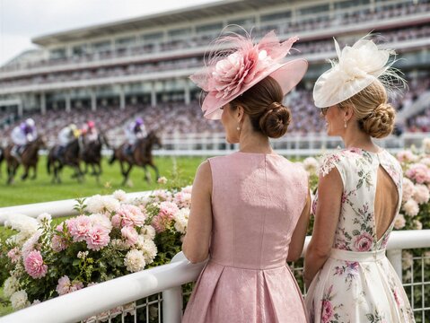 Woman in elegant dress and hat watching horse race at stadium. Spectator at equestrian event enjoying sport competition. Summer fashion, celebration and social gathering concept.